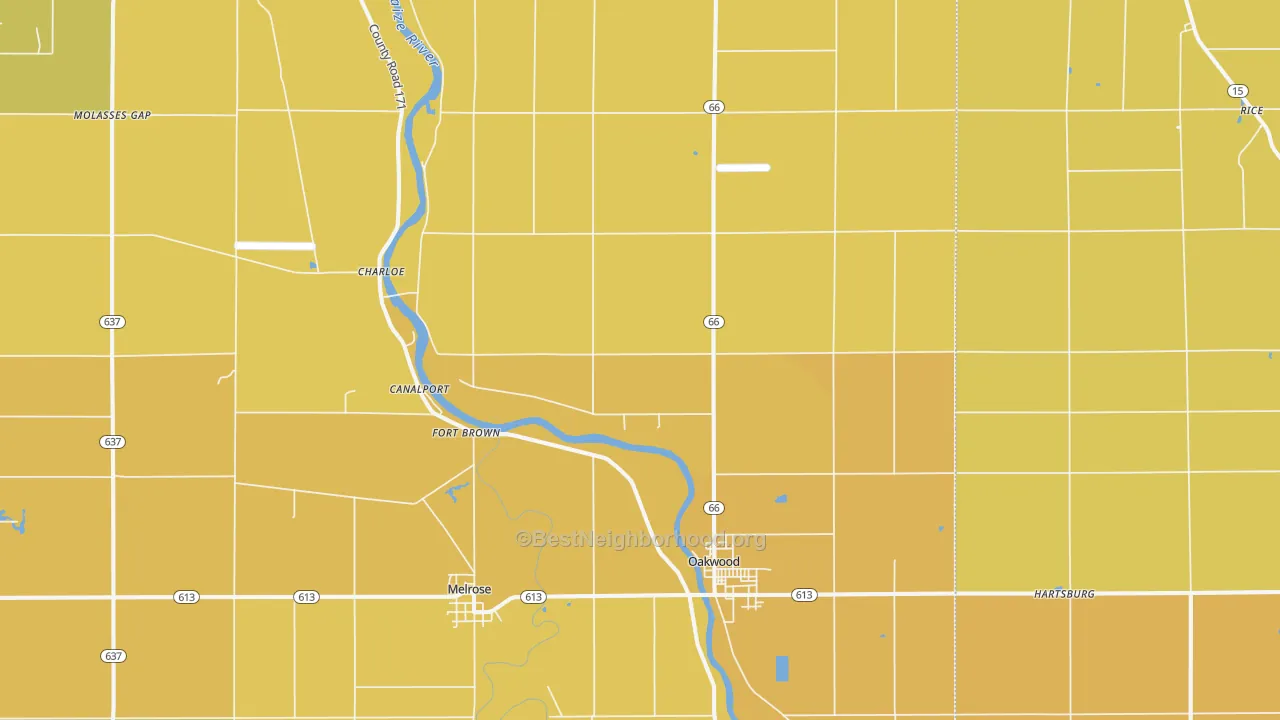 Map of the best neighborhoods in the Oakwood area, with better matches in green and worse matches in red