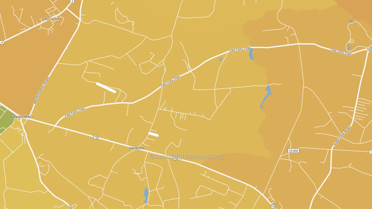 Map of the best neighborhoods in the Oakwood area, with better matches in green and worse matches in red