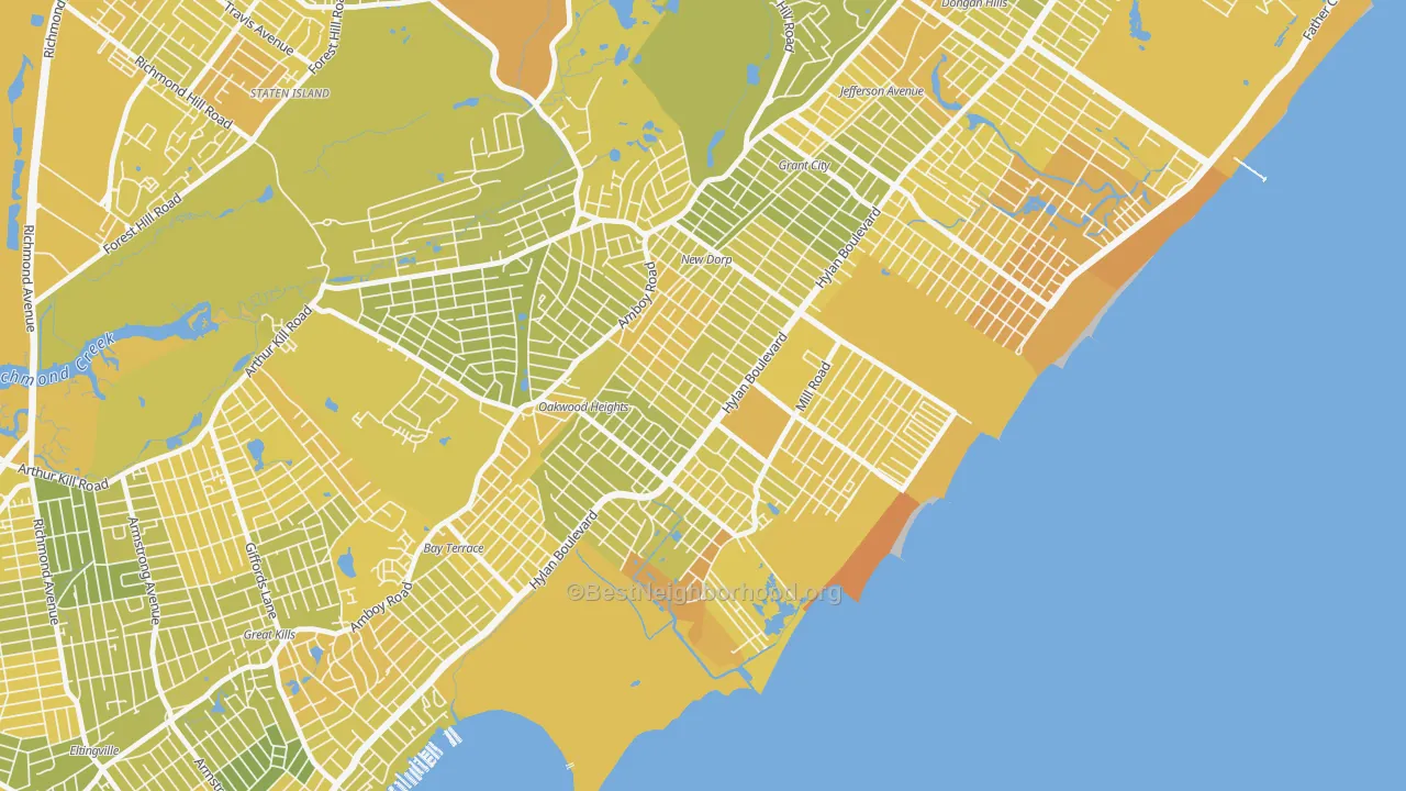 Map of the best neighborhoods in the Oakwood, Staten Island area, with better matches in green and worse matches in red