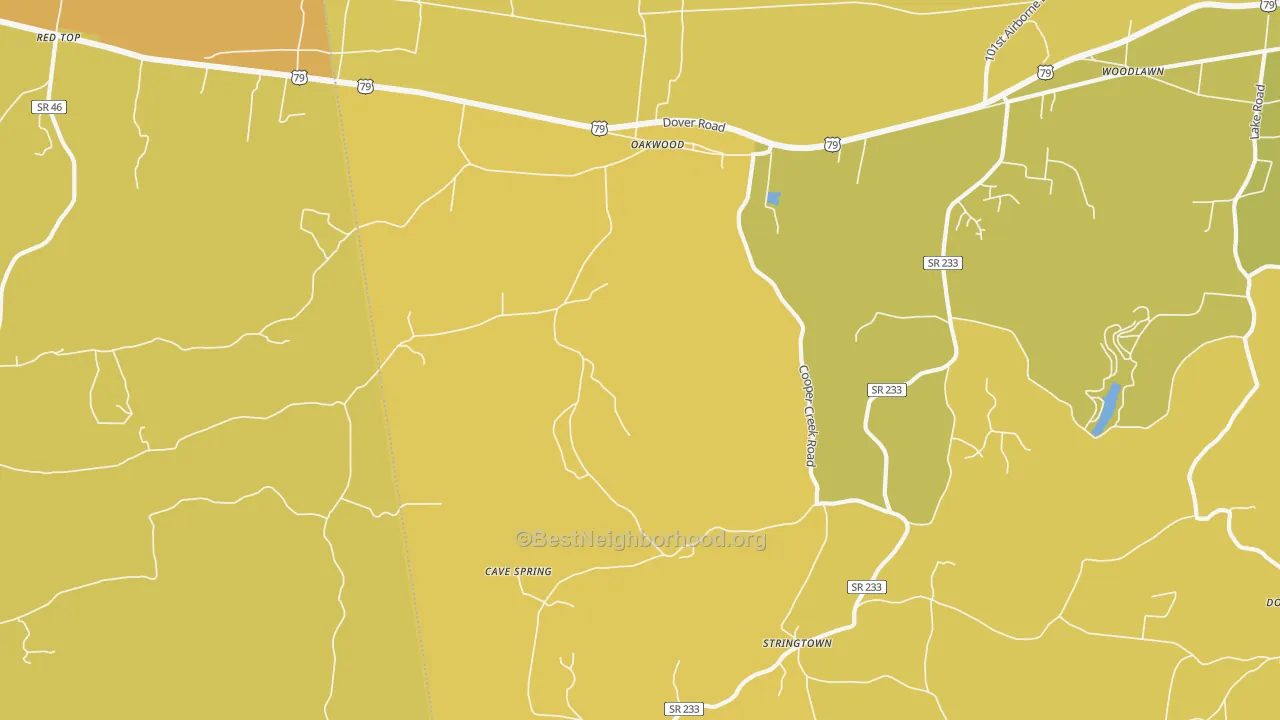 Map of the best neighborhoods in the Oakwood area, with better matches in green and worse matches in red