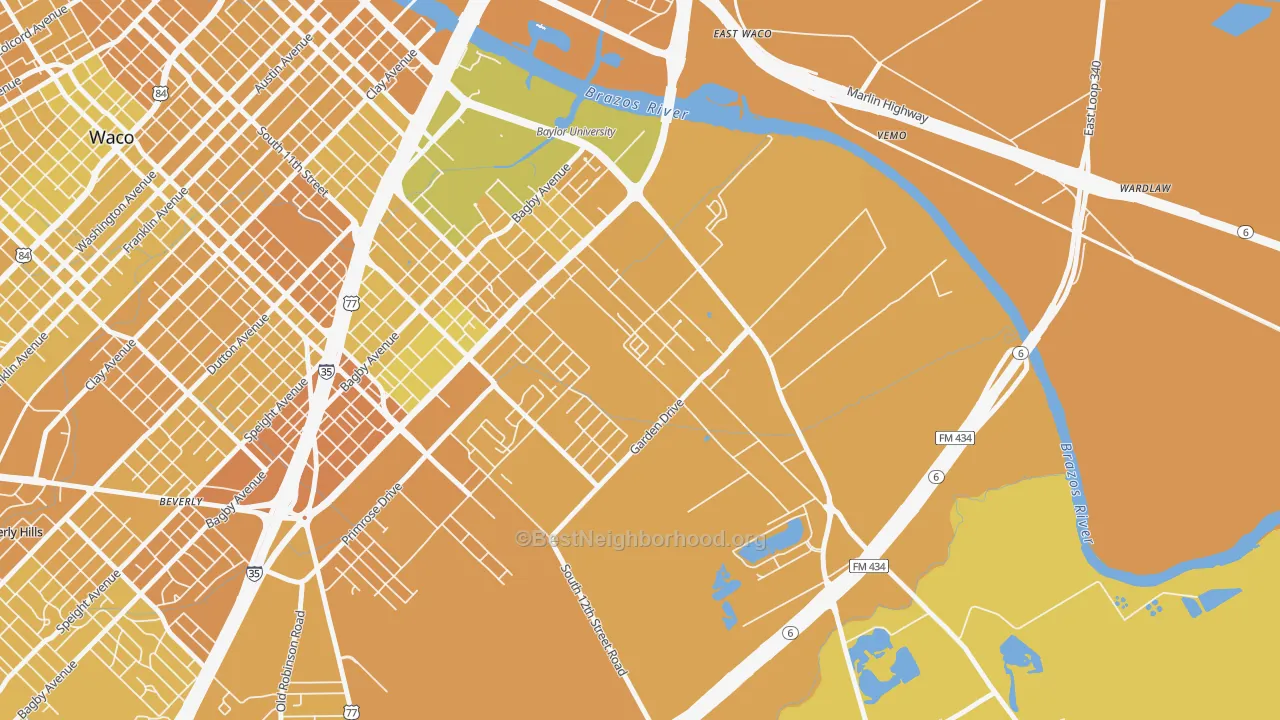 Map of the best neighborhoods in the Oakwood, Waco area, with better matches in green and worse matches in red