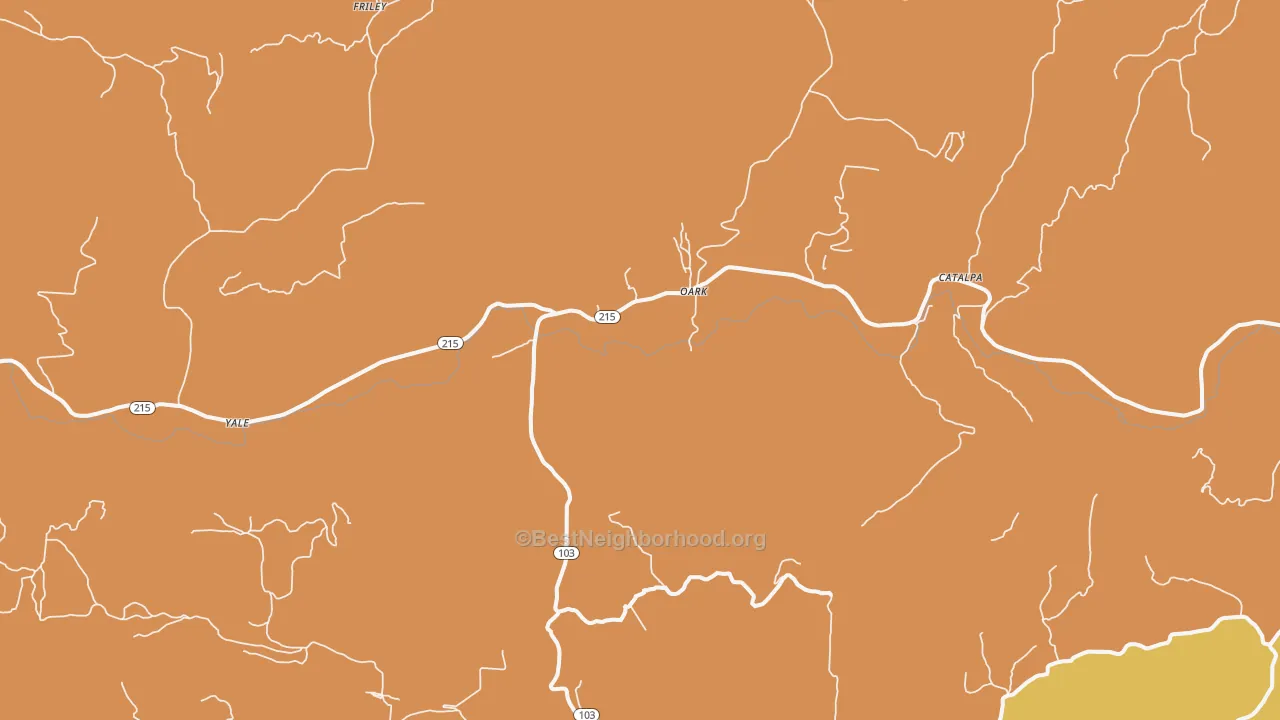 Map of the best neighborhoods in the Oark area, with better matches in green and worse matches in red