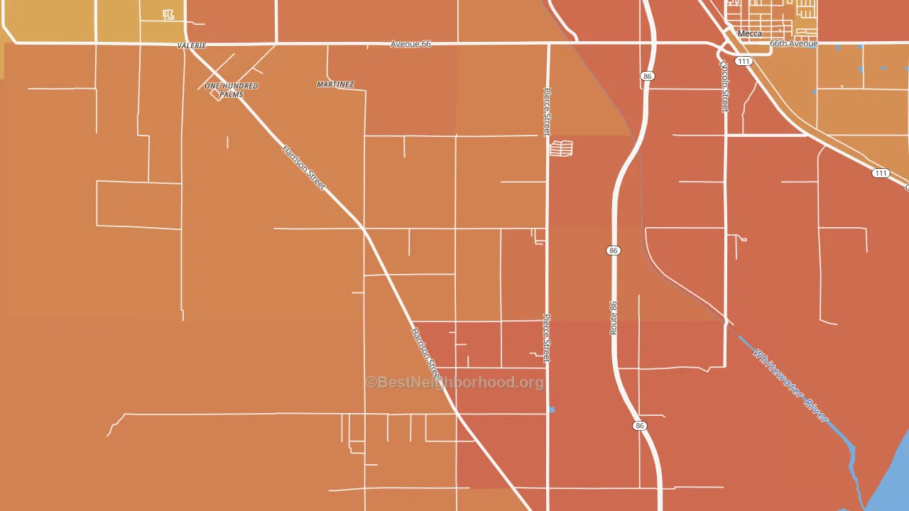 Map of the best neighborhoods in the Oasis area, with better matches in green and worse matches in red