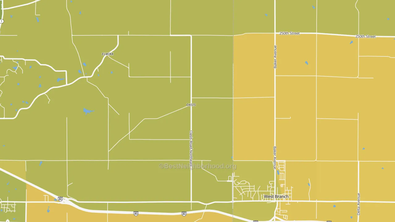 Map of the best neighborhoods in the Oasis area, with better matches in green and worse matches in red