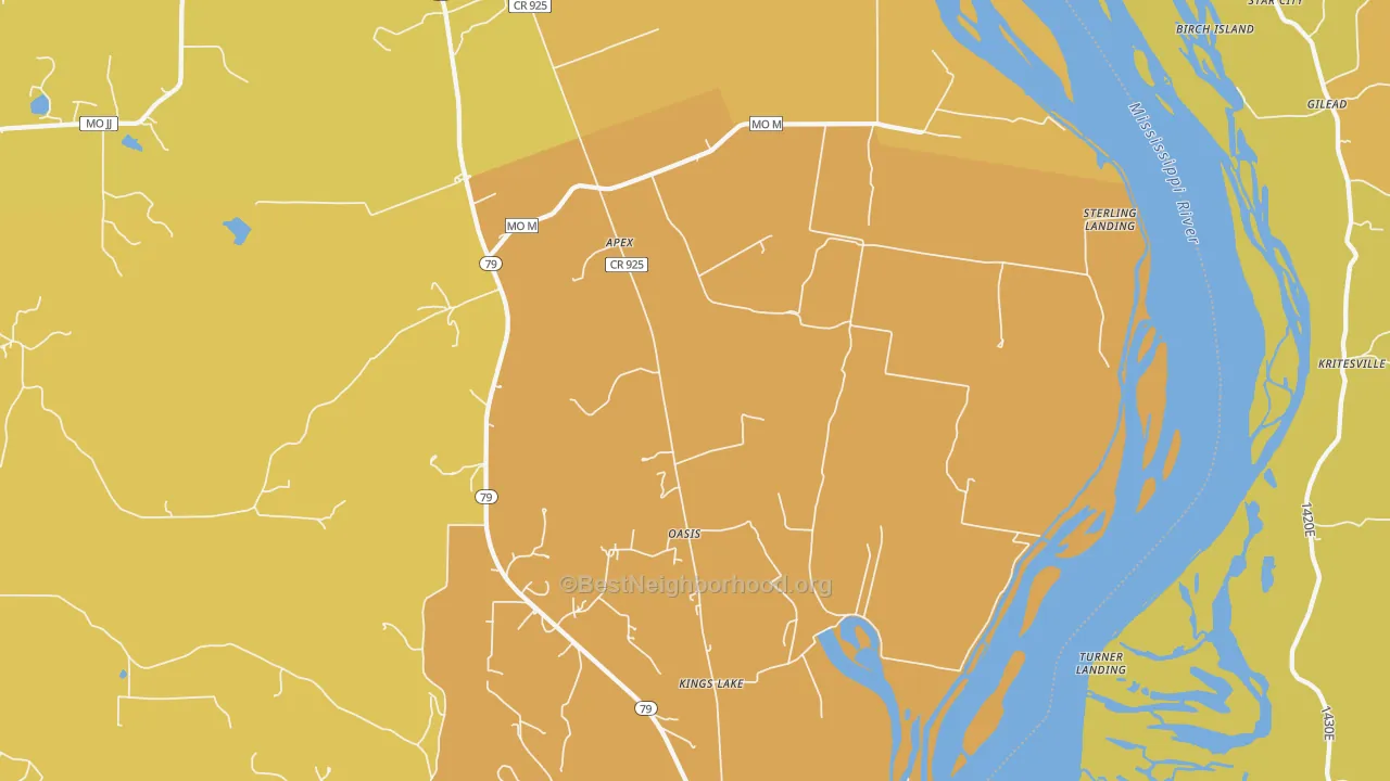 Map of the best neighborhoods in the Oasis area, with better matches in green and worse matches in red