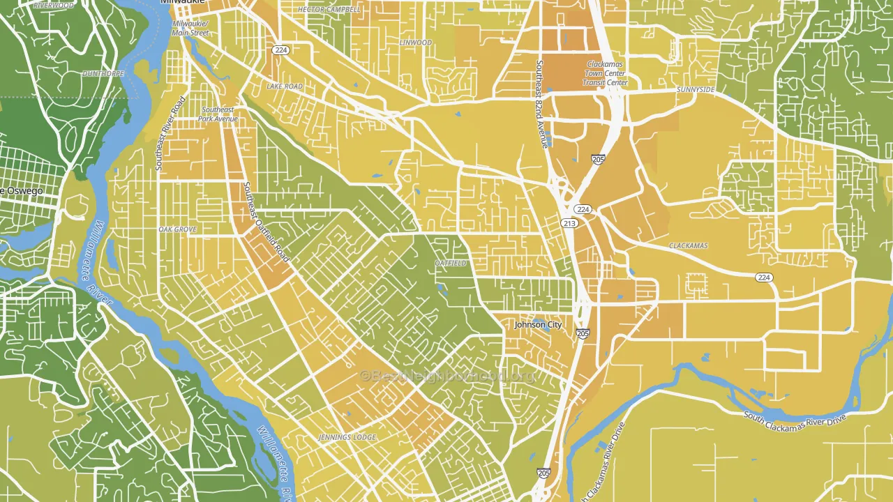 Map of the best neighborhoods in the Oatfield area, with better matches in green and worse matches in red