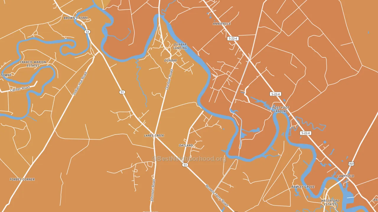 Map of the best neighborhoods in the Oatland area, with better matches in green and worse matches in red