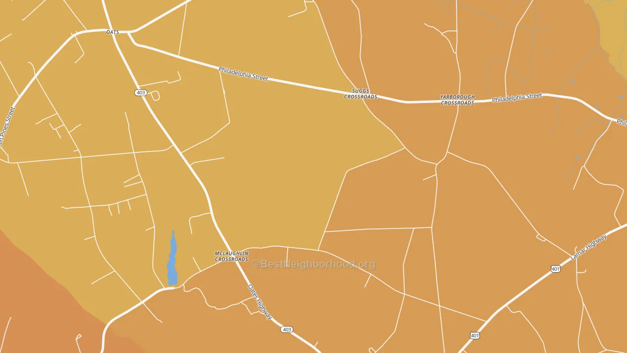 Map of the best neighborhoods in the Oats area, with better matches in green and worse matches in red
