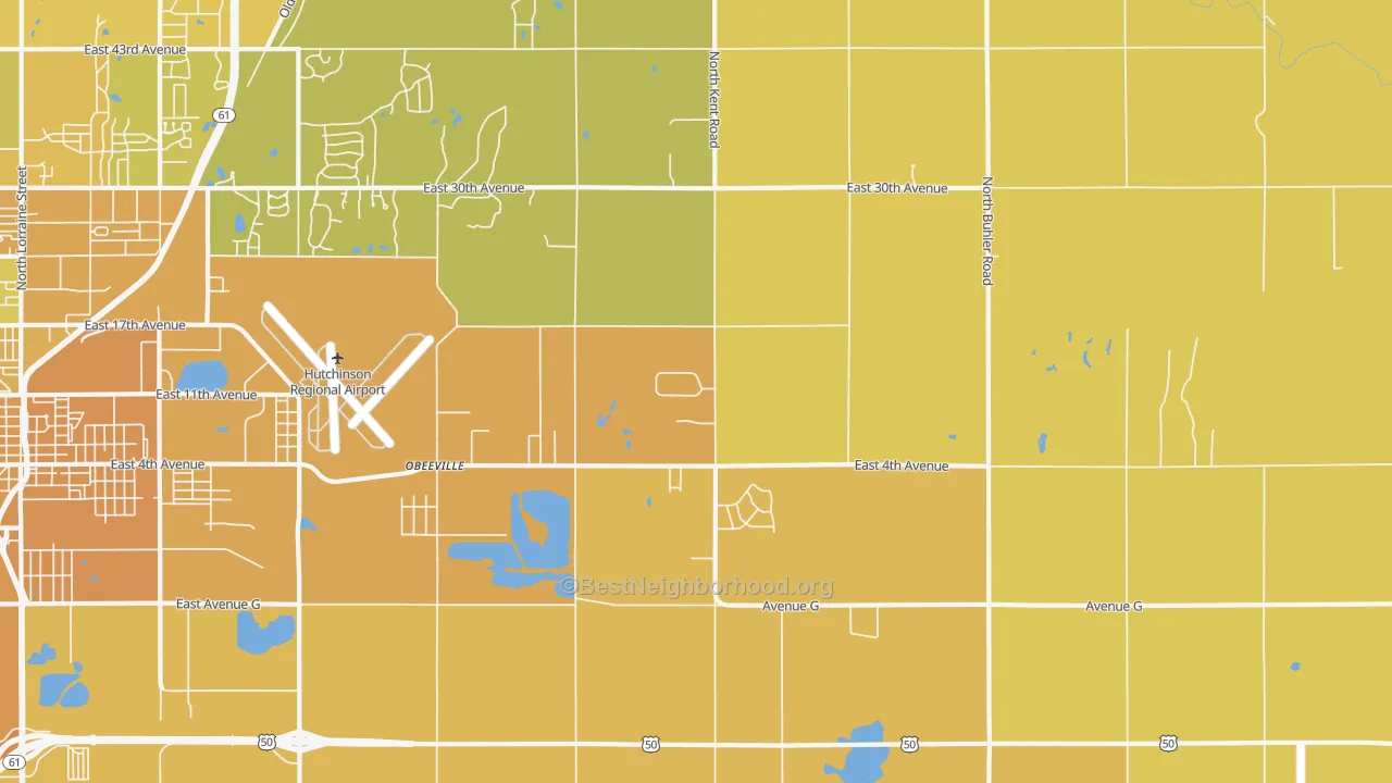 Map of the best neighborhoods in the Obeeville area, with better matches in green and worse matches in red