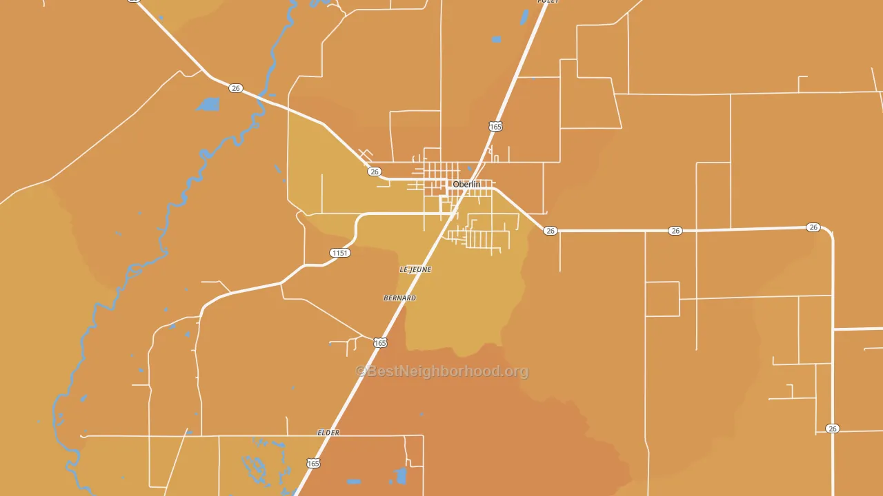 Map of the best neighborhoods in the Oberlin area, with better matches in green and worse matches in red