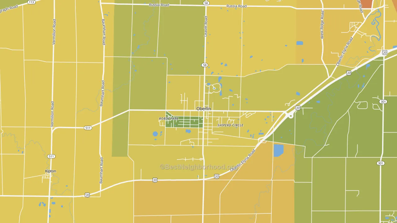 Map of the best neighborhoods in the Oberlin area, with better matches in green and worse matches in red