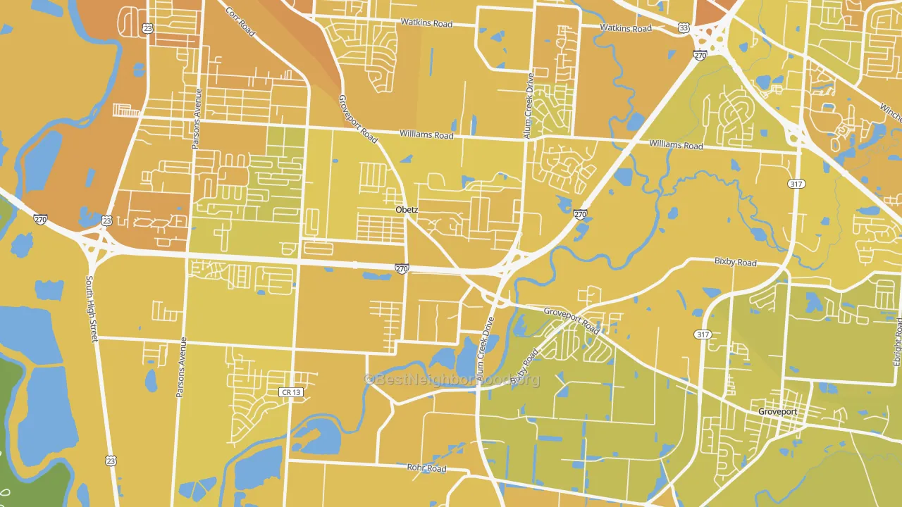 Map of the best neighborhoods in the Obetz area, with better matches in green and worse matches in red