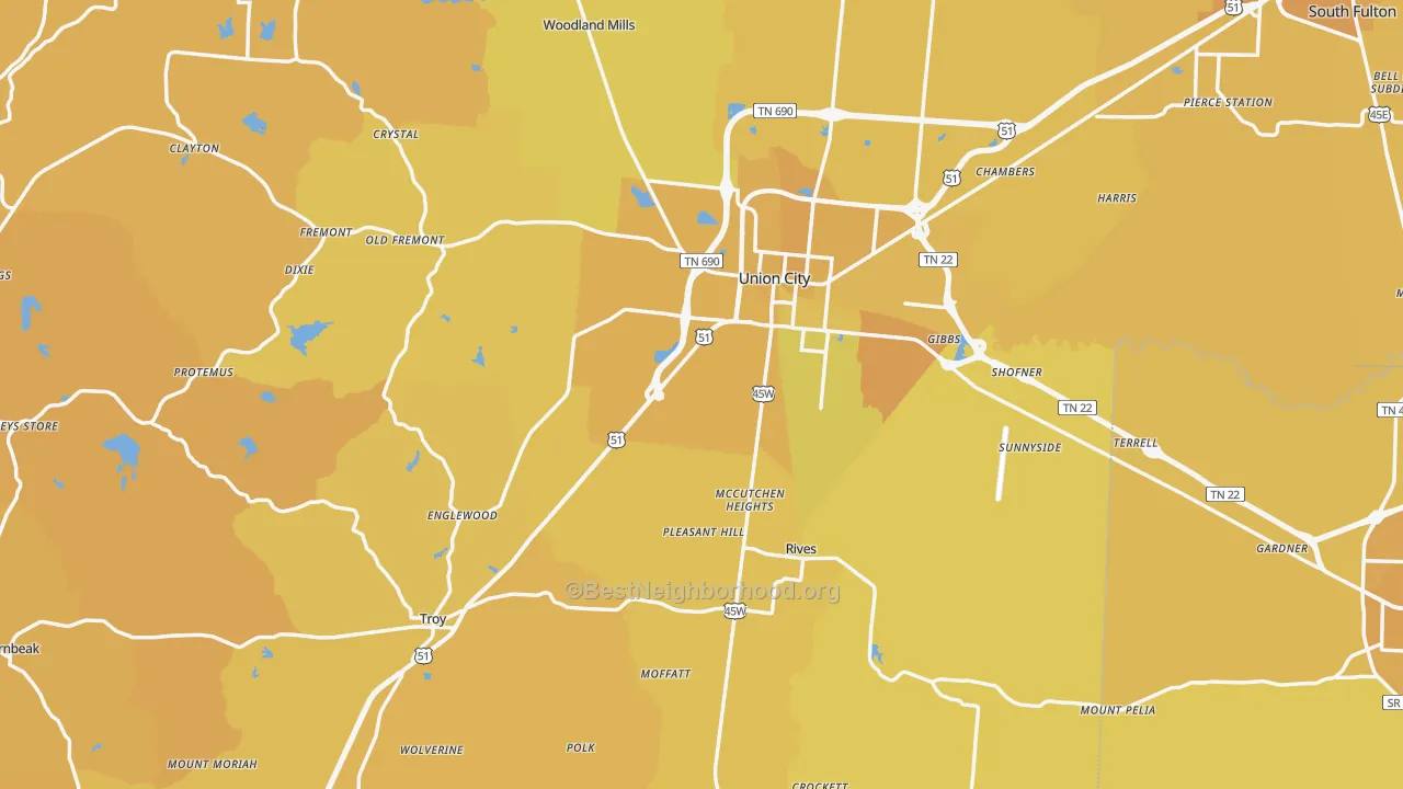 Map of the best neighborhoods in the Obion County area, with better matches in green and worse matches in red