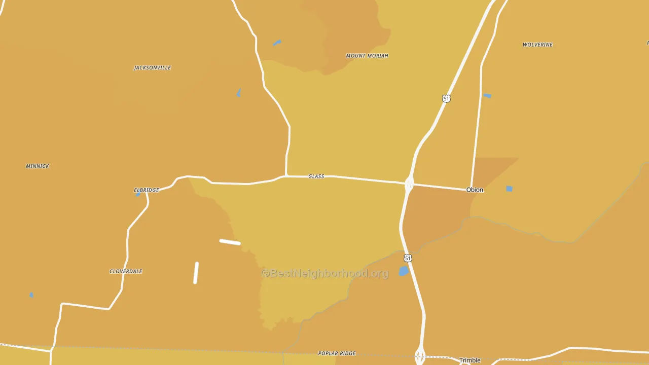 Map of the best neighborhoods in the Obion area, with better matches in green and worse matches in red
