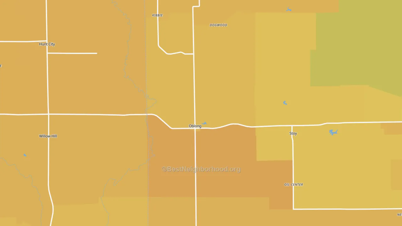 Map of the best neighborhoods in the Oblong area, with better matches in green and worse matches in red