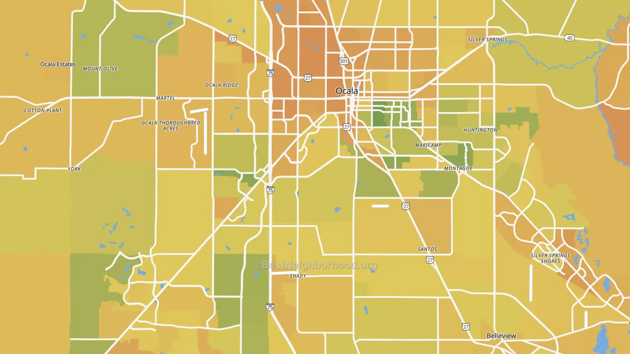 Map of the best neighborhoods in the Ocala Metro area, with better matches in green and worse matches in red