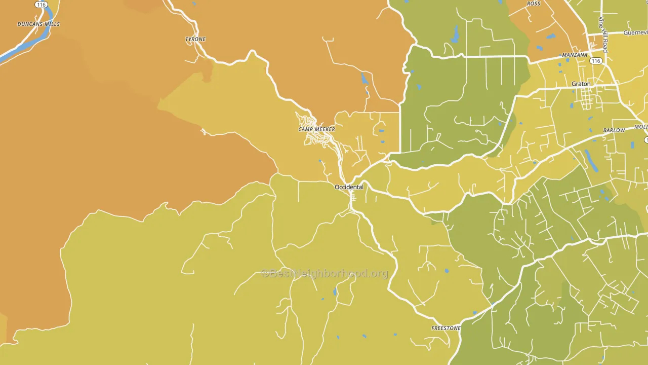 Map of the best neighborhoods in the Occidental area, with better matches in green and worse matches in red