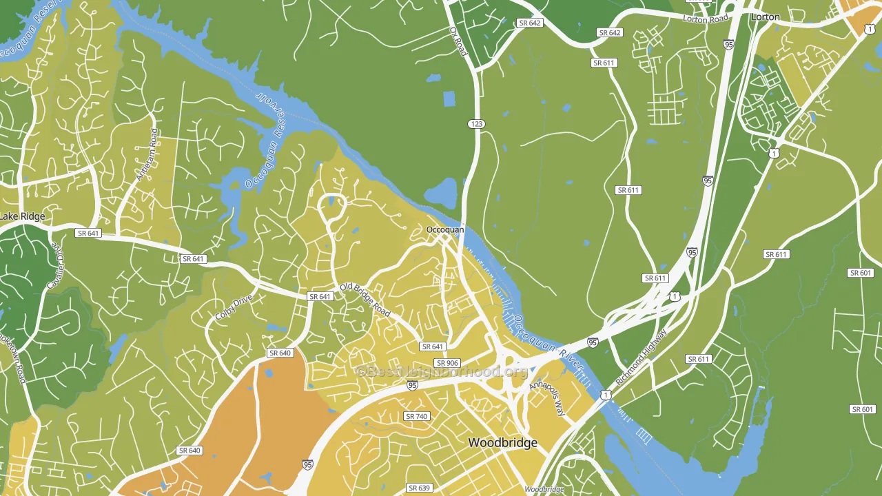 Map of the best neighborhoods in the Occoquan area, with better matches in green and worse matches in red