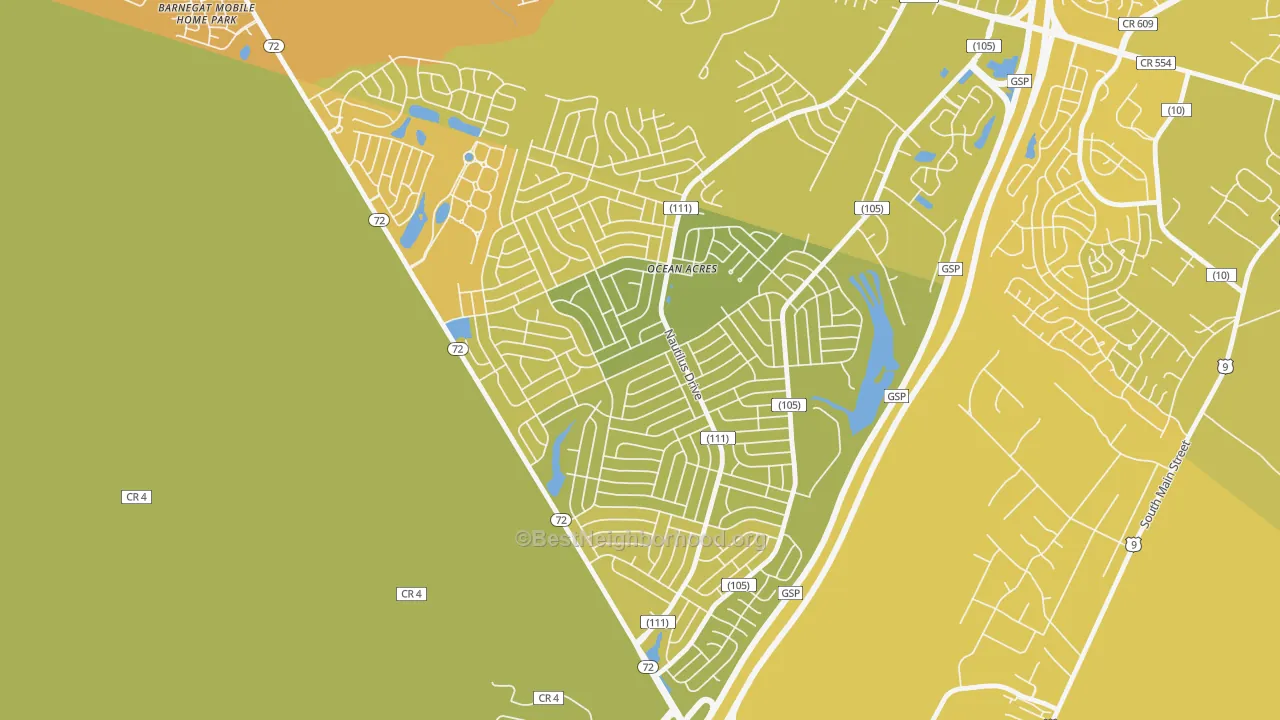 Map of the best neighborhoods in the Ocean Acres area, with better matches in green and worse matches in red