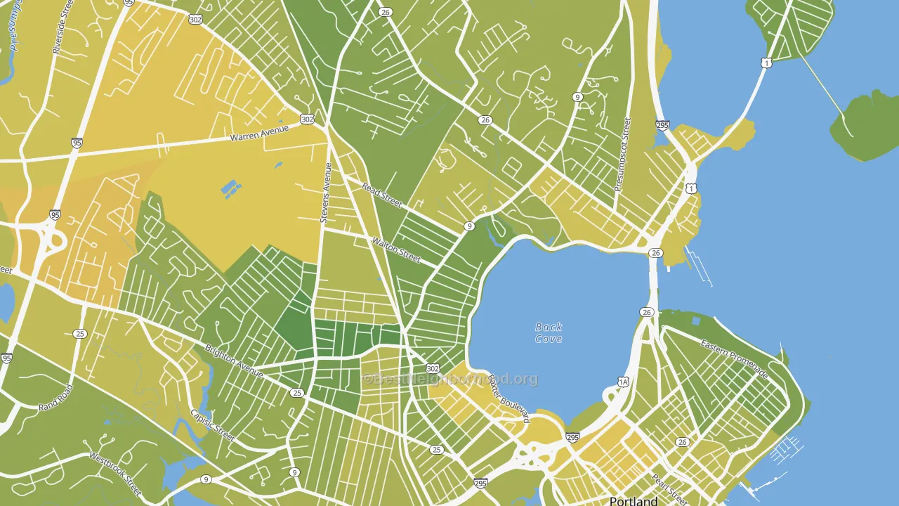 Map of the best neighborhoods in the Ocean Avenue, Portland area, with better matches in green and worse matches in red