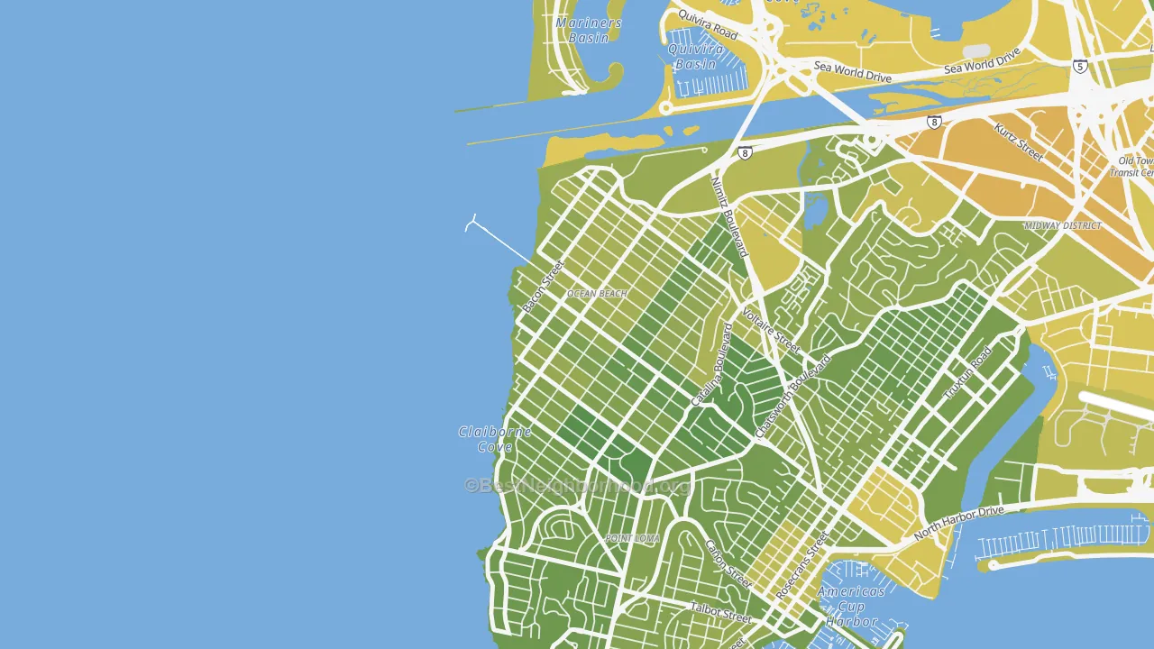 Map of the best neighborhoods in the Ocean Beach, San Diego area, with better matches in green and worse matches in red