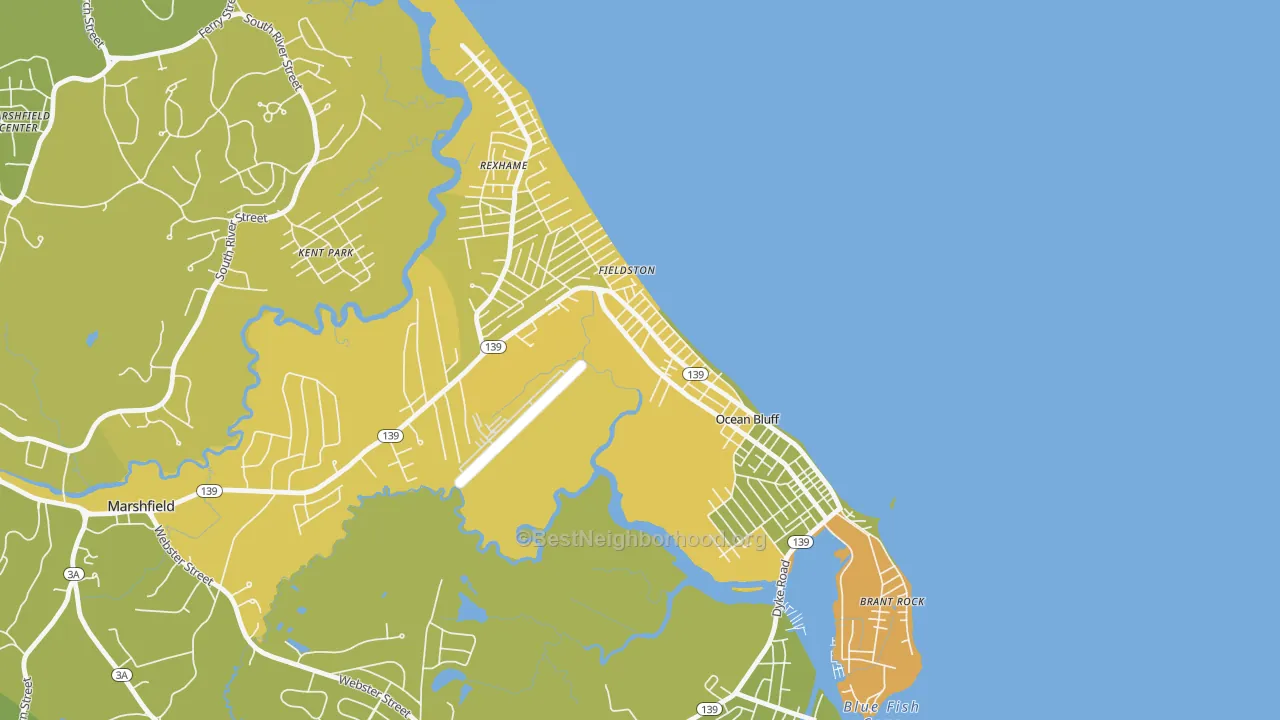 Map of the best neighborhoods in the Ocean Bluff-Brant Rock area, with better matches in green and worse matches in red