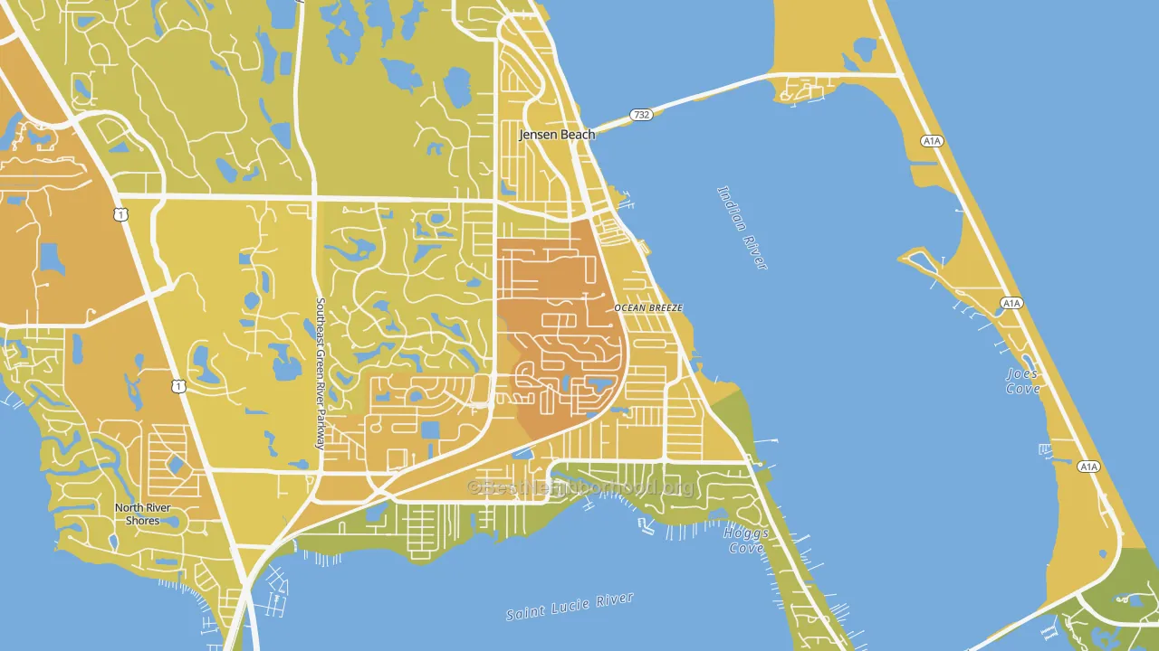 Map of the best neighborhoods in the Ocean Breeze Park area, with better matches in green and worse matches in red