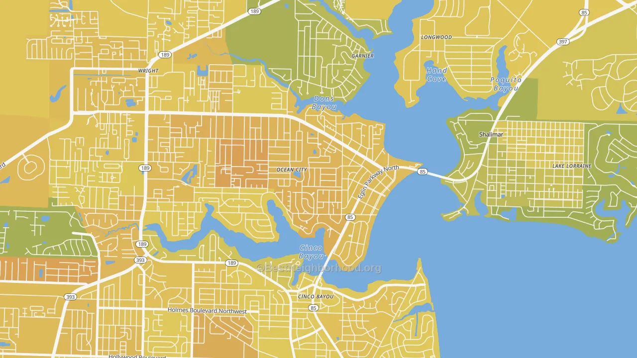 Map of the best neighborhoods in the Ocean City area, with better matches in green and worse matches in red