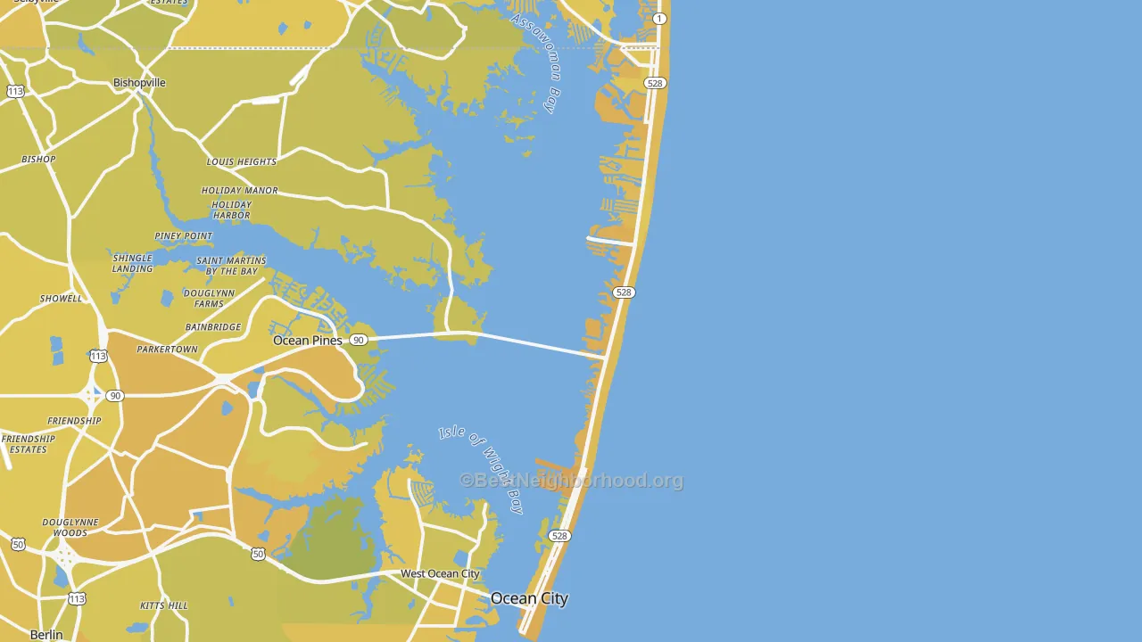 Map of the best neighborhoods in the Ocean City area, with better matches in green and worse matches in red