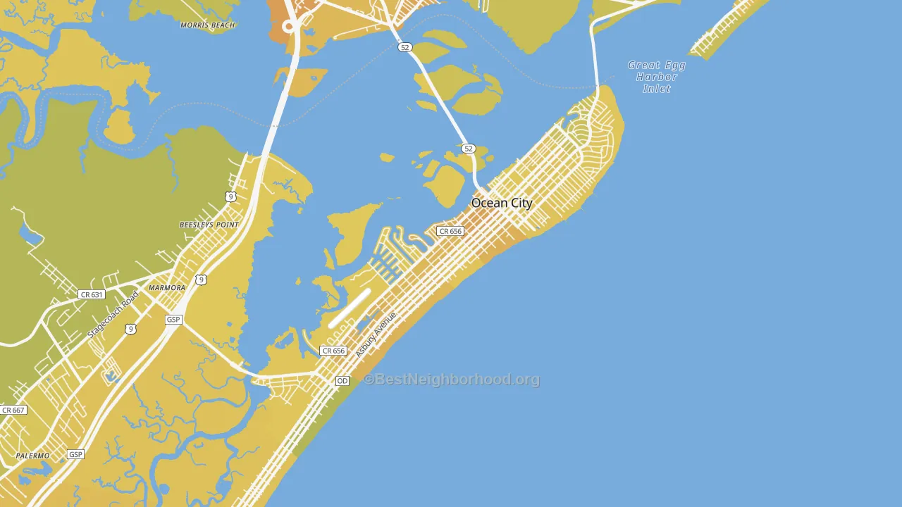 Map of the best neighborhoods in the Ocean City area, with better matches in green and worse matches in red