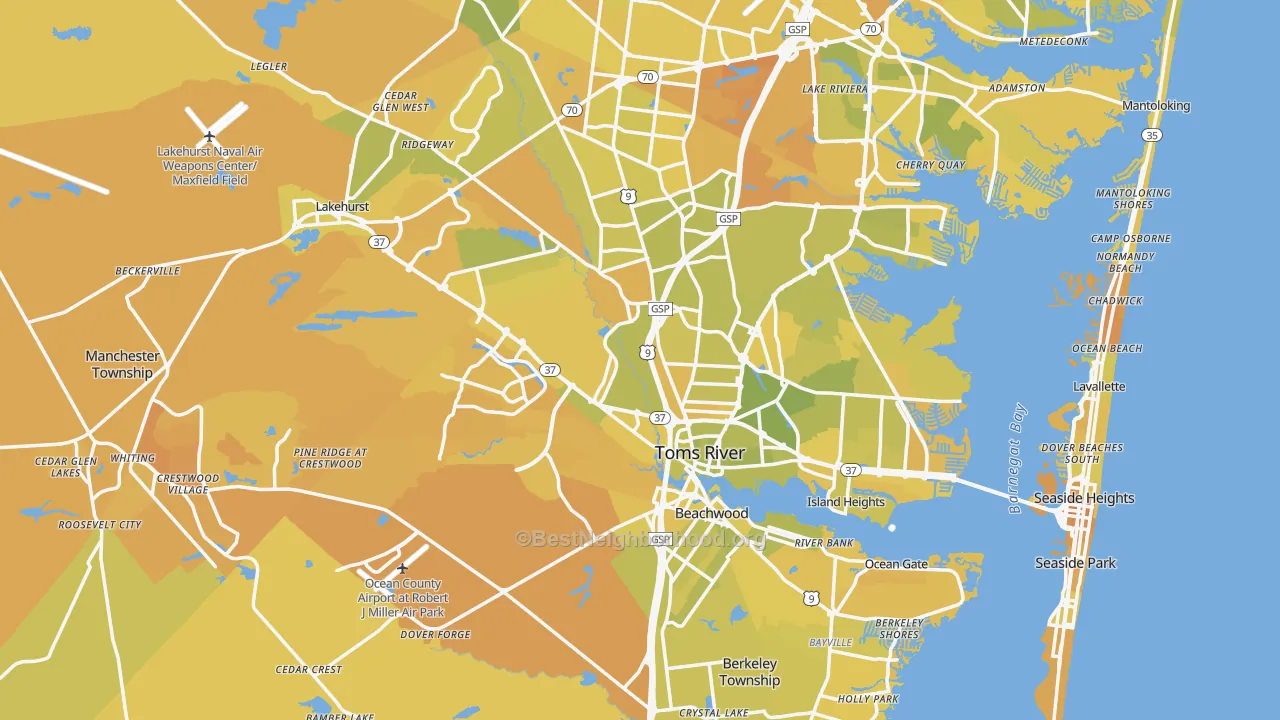 Map of the best neighborhoods in the Ocean County area, with better matches in green and worse matches in red