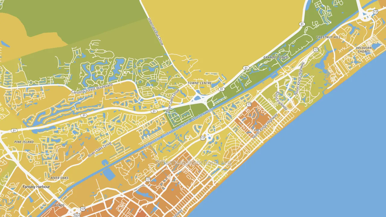 Map of the best neighborhoods in the Ocean Forest area, with better matches in green and worse matches in red