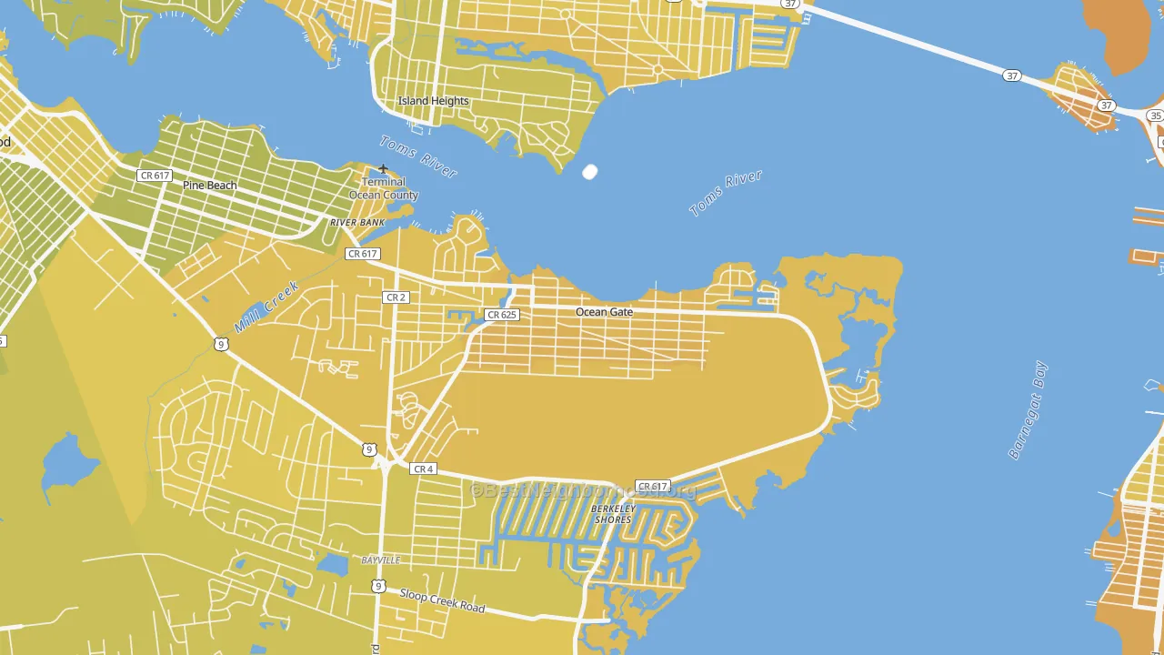 Map of the best neighborhoods in the Ocean Gate area, with better matches in green and worse matches in red