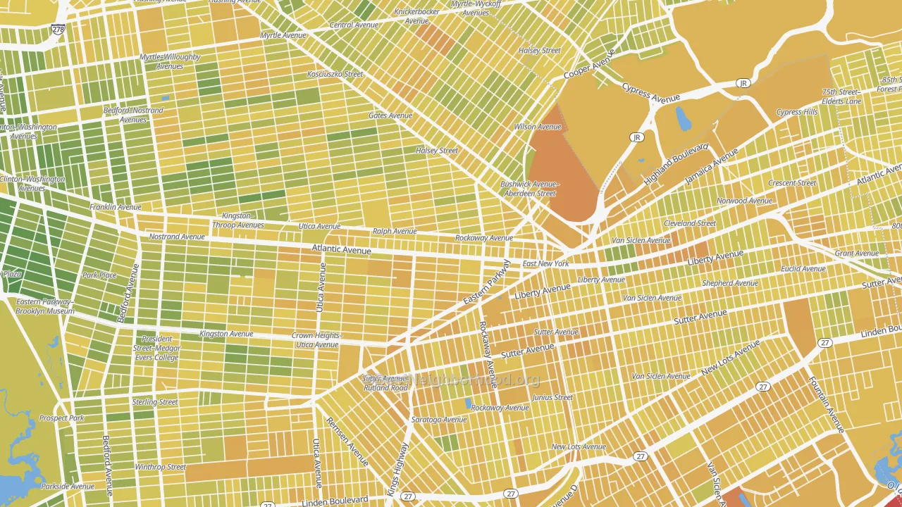 Map of the best neighborhoods in the Ocean Hill, Brooklyn area, with better matches in green and worse matches in red