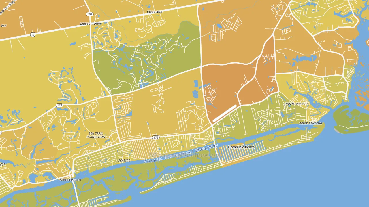 Map of the best neighborhoods in the Ocean Isle Beach area, with better matches in green and worse matches in red