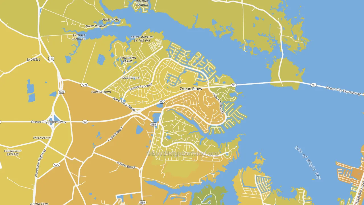 Map of the best neighborhoods in the Ocean Pines area, with better matches in green and worse matches in red