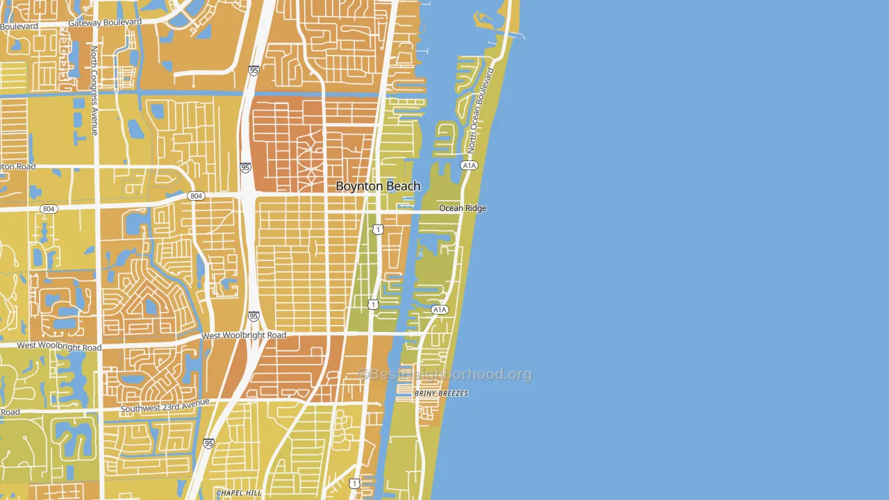 Map of the best neighborhoods in the Ocean Ridge area, with better matches in green and worse matches in red