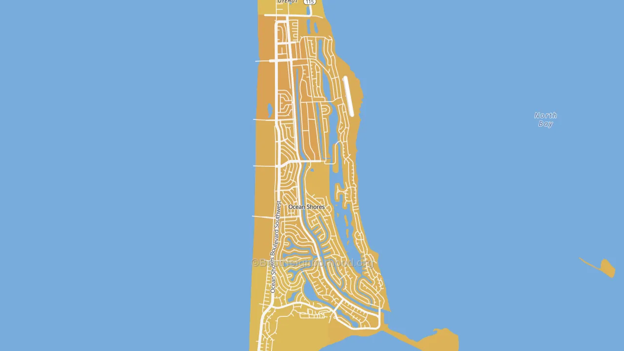 Map of the best neighborhoods in the Ocean Shores area, with better matches in green and worse matches in red