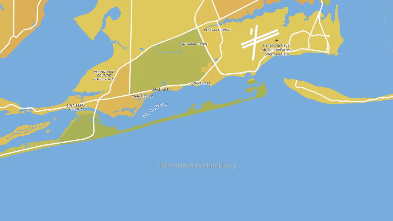 Map of the best neighborhoods in the Ocean Springs area, with better matches in green and worse matches in red