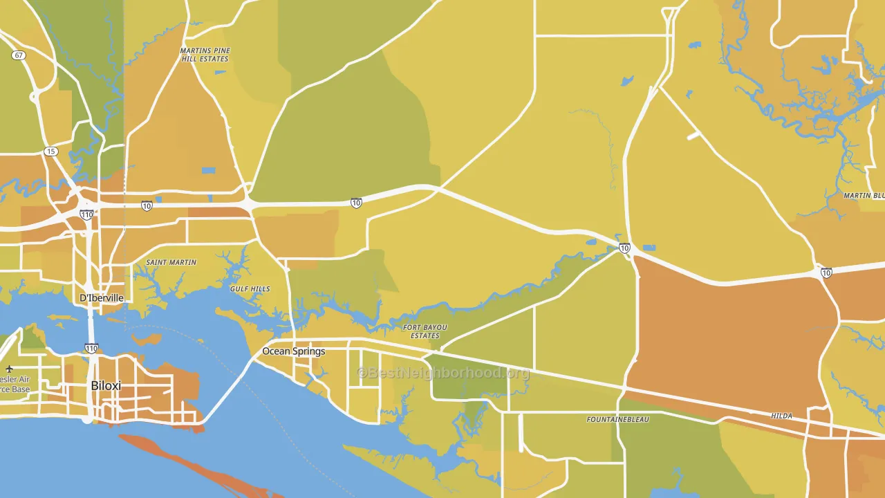 Map of the best neighborhoods in the Ocean Springs area, with better matches in green and worse matches in red
