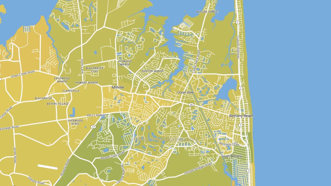 Map of the best neighborhoods in the Ocean View area, with better matches in green and worse matches in red