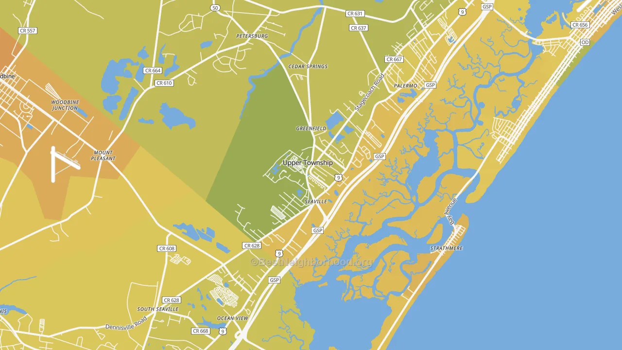 Map of the best neighborhoods in the Ocean View area, with better matches in green and worse matches in red