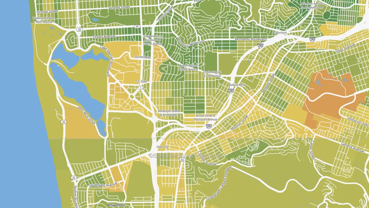 Map of the best neighborhoods in the Ocean View, San Francisco area, with better matches in green and worse matches in red