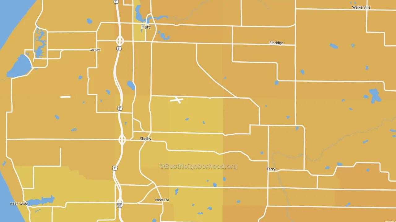 Map of the best neighborhoods in the Oceana County area, with better matches in green and worse matches in red