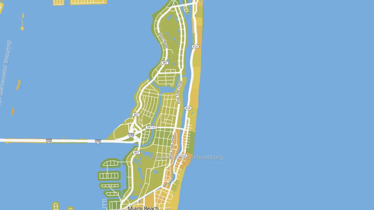 Map of the best neighborhoods in the Oceanfront, Miami Beach area, with better matches in green and worse matches in red