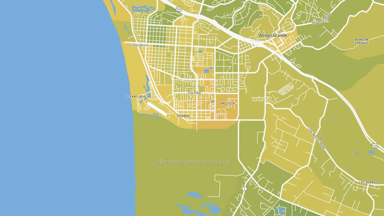 Map of the best neighborhoods in the Oceano area, with better matches in green and worse matches in red