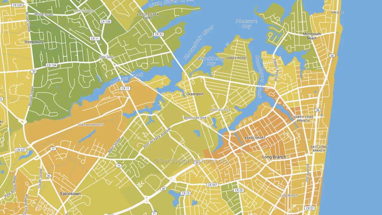 Map of the best neighborhoods in the Oceanport area, with better matches in green and worse matches in red