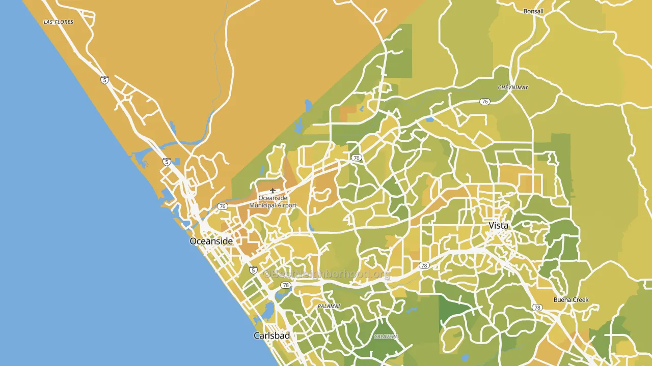 Map of the best neighborhoods in the Oceanside area, with better matches in green and worse matches in red
