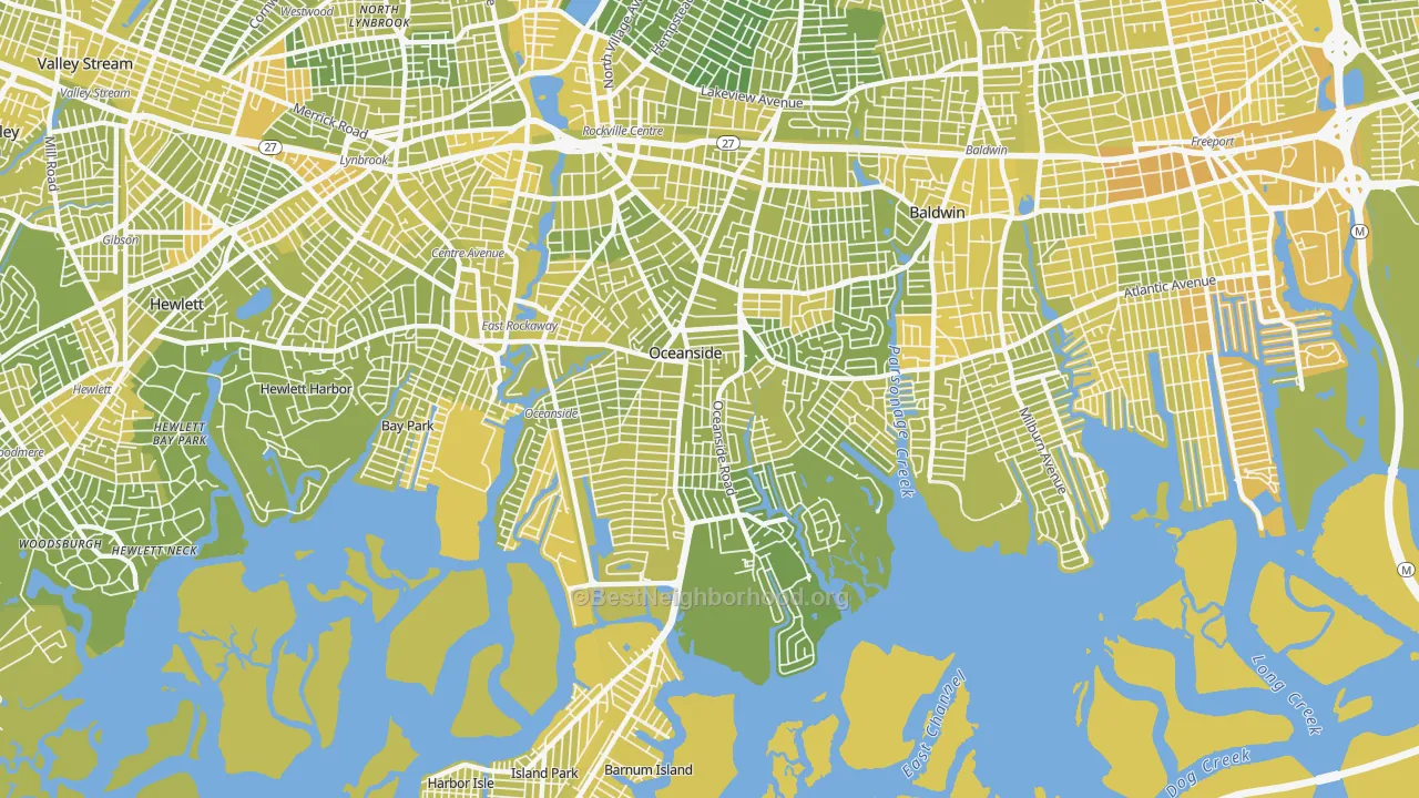 Map of the best neighborhoods in the Oceanside area, with better matches in green and worse matches in red