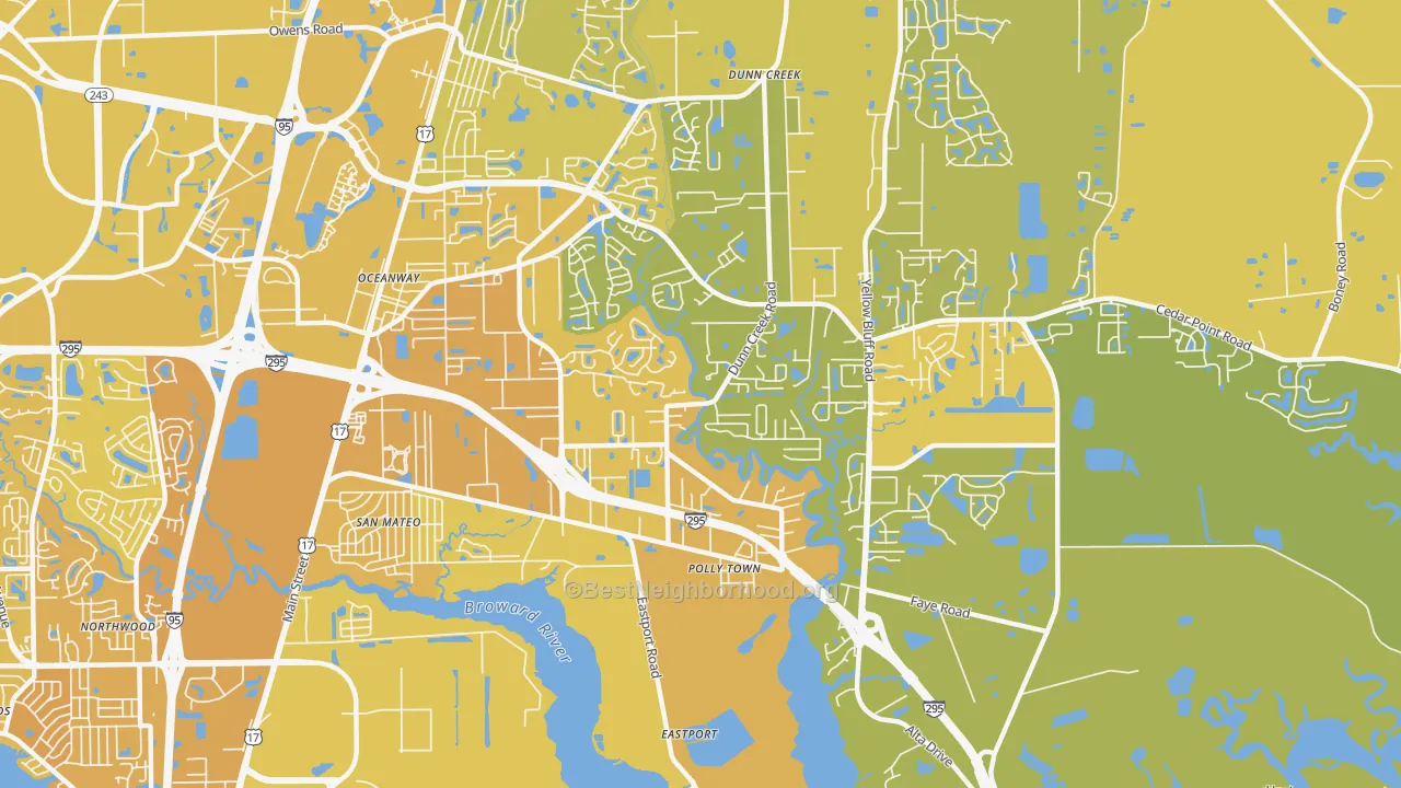 Map of the best neighborhoods in the Oceanway, Jacksonville area, with better matches in green and worse matches in red